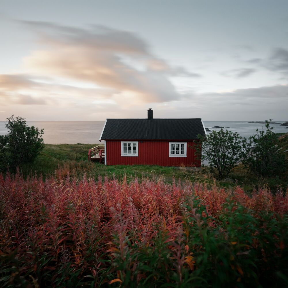 En röd stuga vid havet